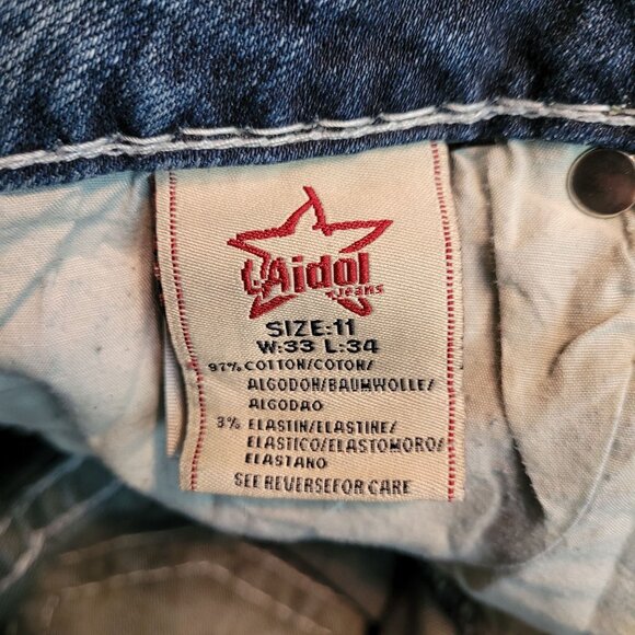 LA Idol Cut Off Denim Shorts Size 11 Low Rise Raw Hem Thick Stitch Button Flaps - Picture 4 of 9